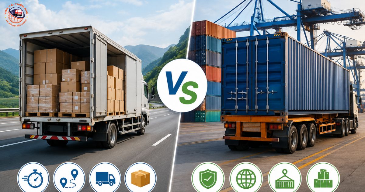So sánh vận chuyển hàng hoá bằng xe tải và container